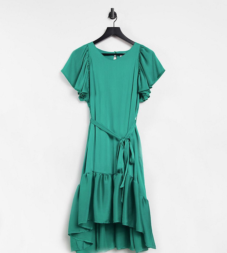 satin midi dress with pep hem in jade green