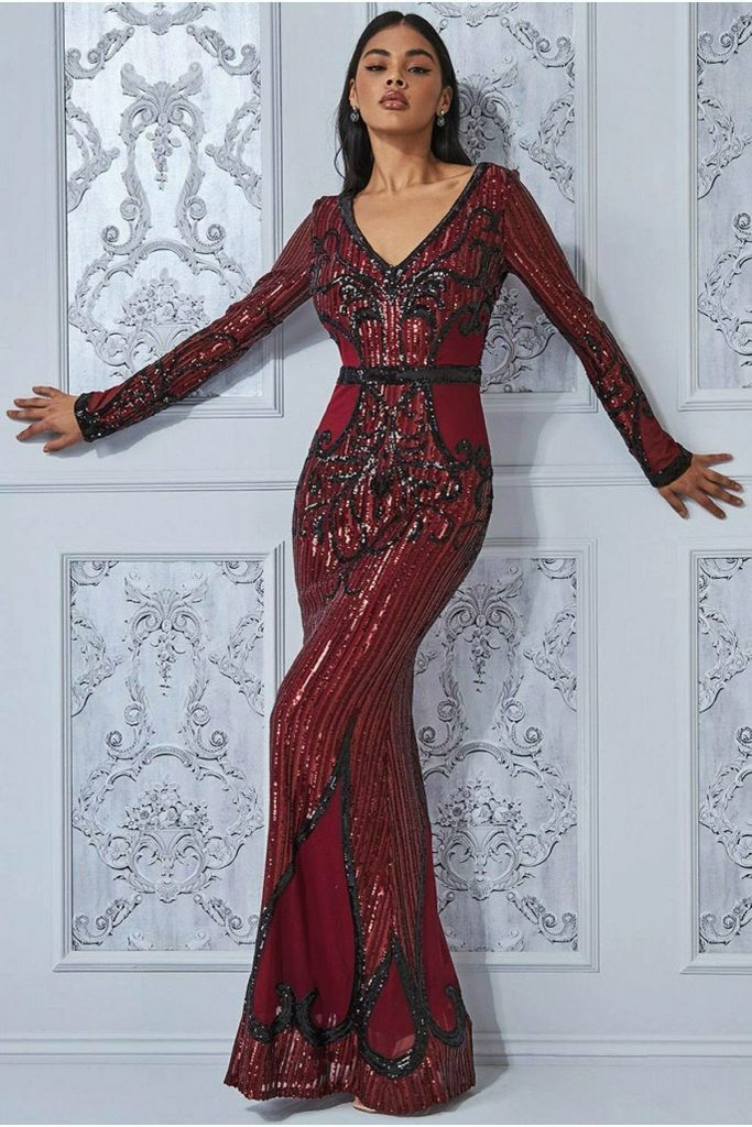 Sequin & Mesh Embroidered Maxi - Wine