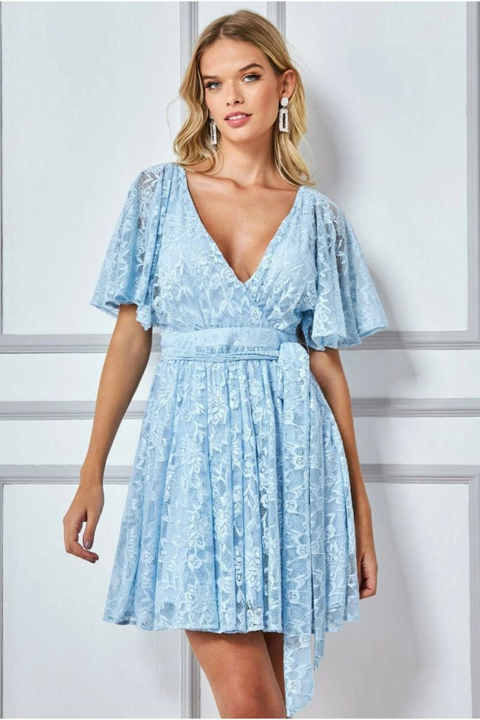 Lace Kimono Wrap Skater Mini Dress - Powder Blue