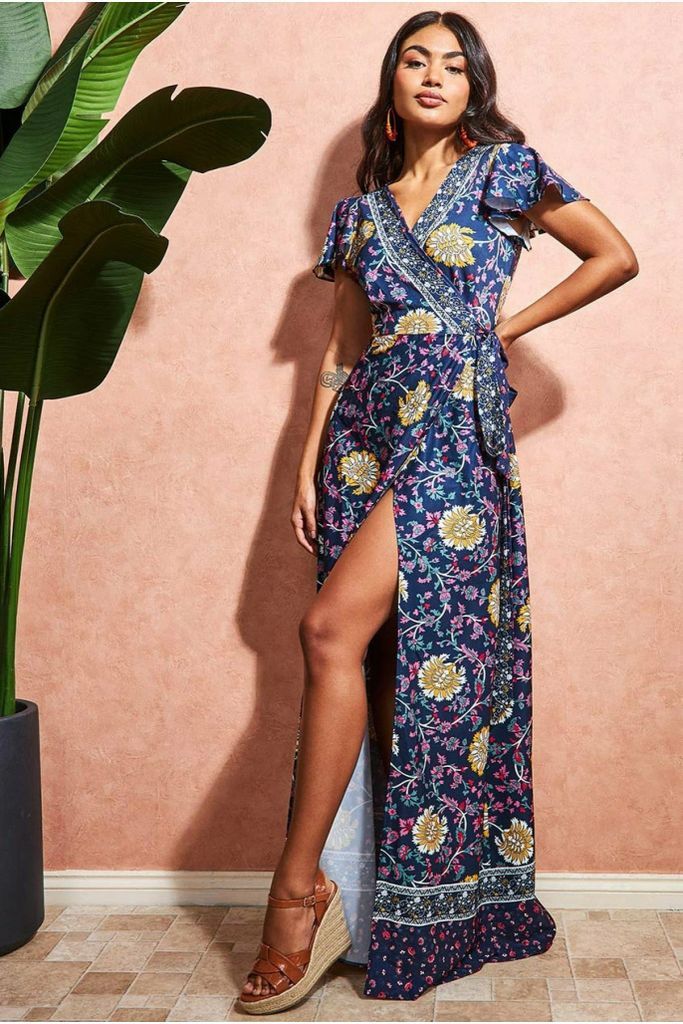 Floral Print Maxi With Flutter Sleeves - Navy Print