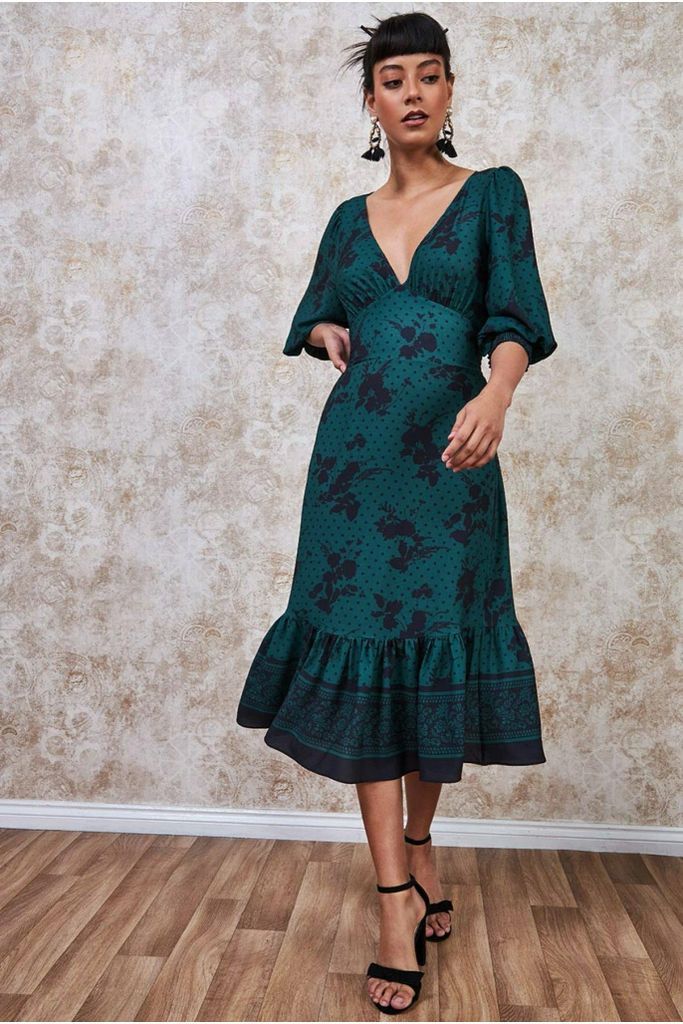 Floral Print Puff Sleeve Midi Dress - Emerald Green