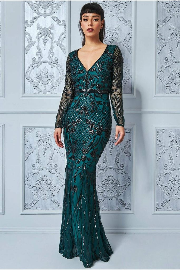 Full Sleeve Sequin Evening Dress - Emerald Green