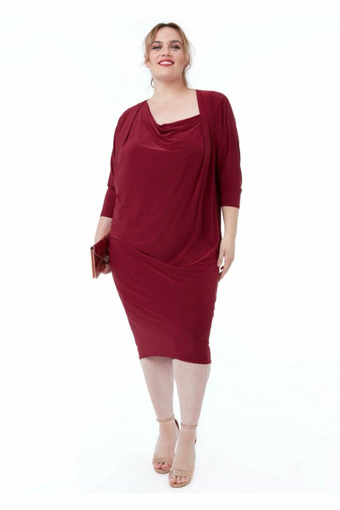 Loose Fit Midi Dress With Asymmetric Neck - Wine