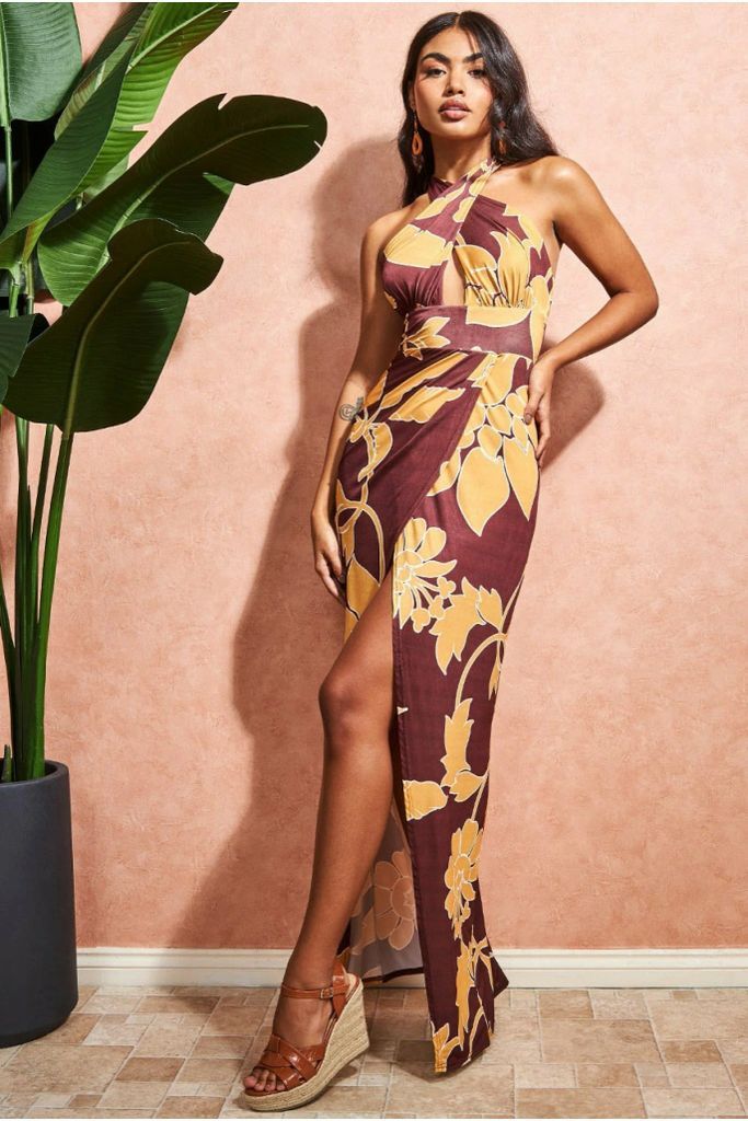 Printed Crossover Maxi Dress - Brown