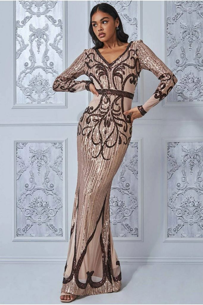 Sequin & Mesh Embroidered Maxi - Champagne