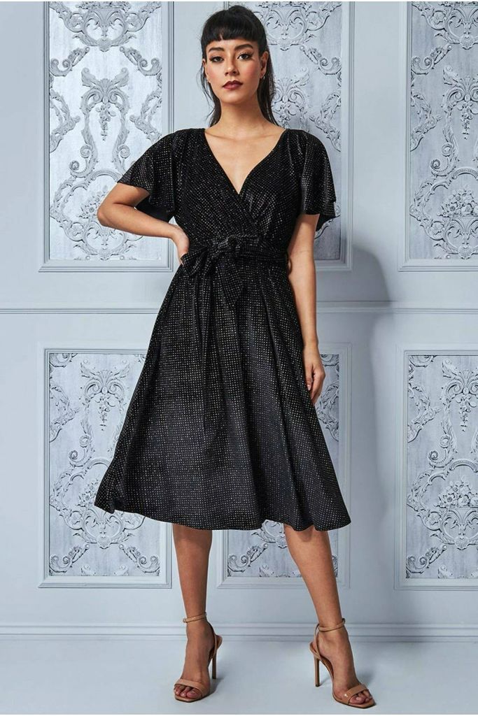 Sparkle Wrap Style Flutter Sleeve Midi Dress - Black