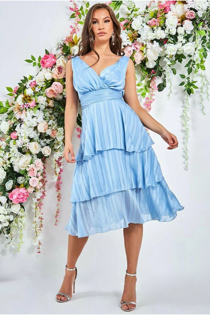 Tiered Chiffon Midi Dress - Powder Blue