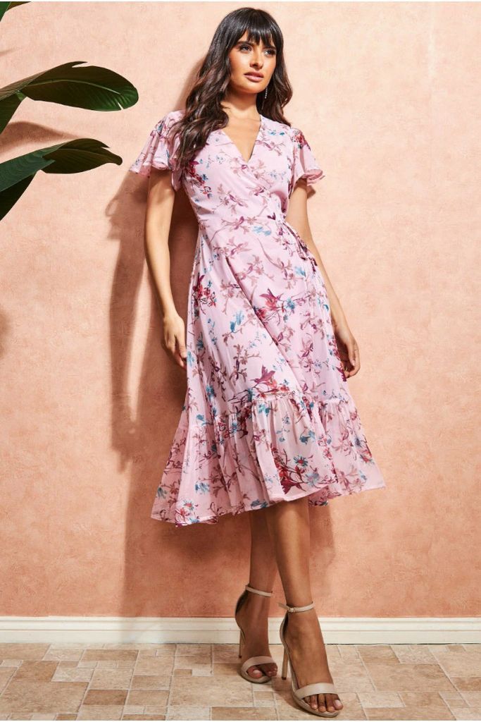 Wrap Flutter Sleeve Floral Midi Dress - Peach
