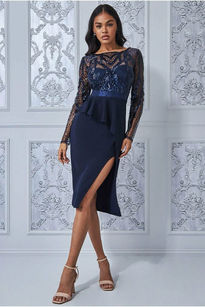 Sequin Bodice With Front Frill Midi Dress - Navy