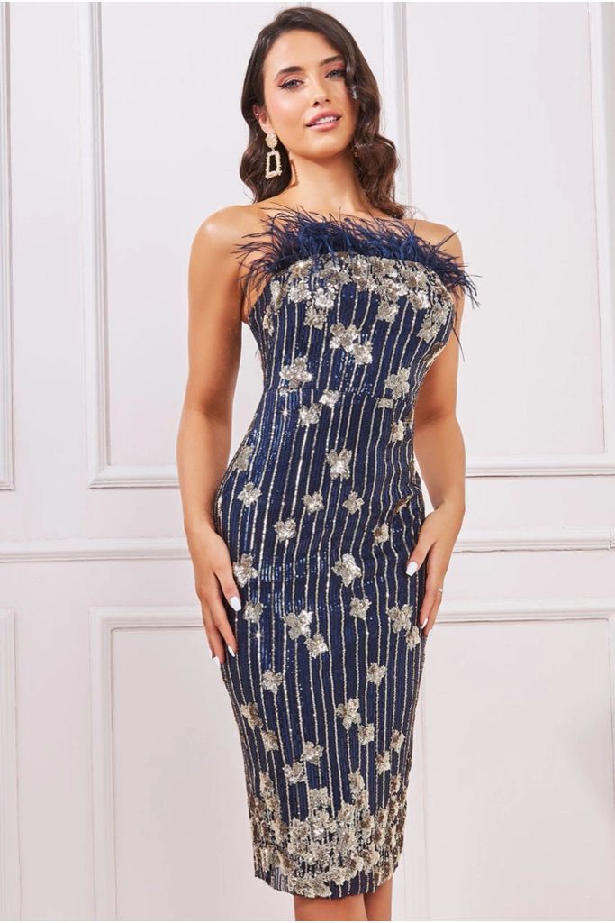 Sequin And Feather Boobtube Midi - Navy
