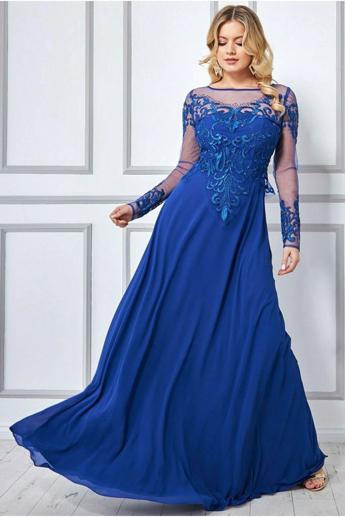 Mesh & Lace Embroidered Bodice Maxi - Royal Blue