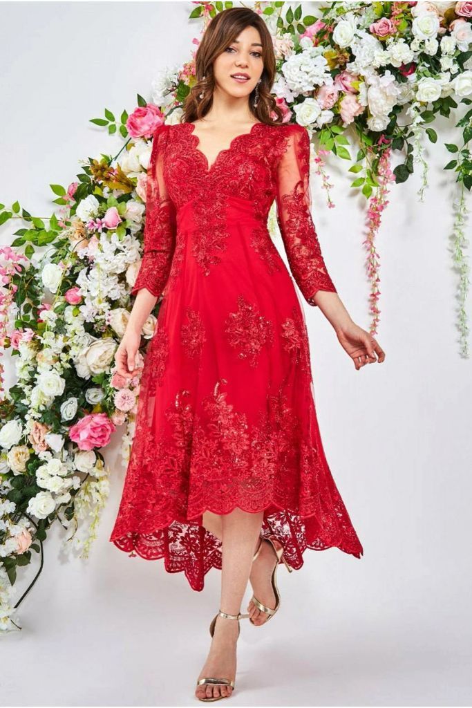Scalloped Lace High Low Midi Dress - Red