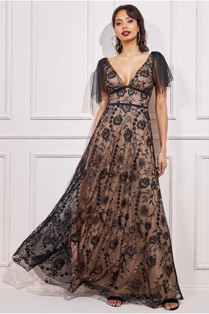 Embroidered Lace Maxi Flutter Sleeves - Black