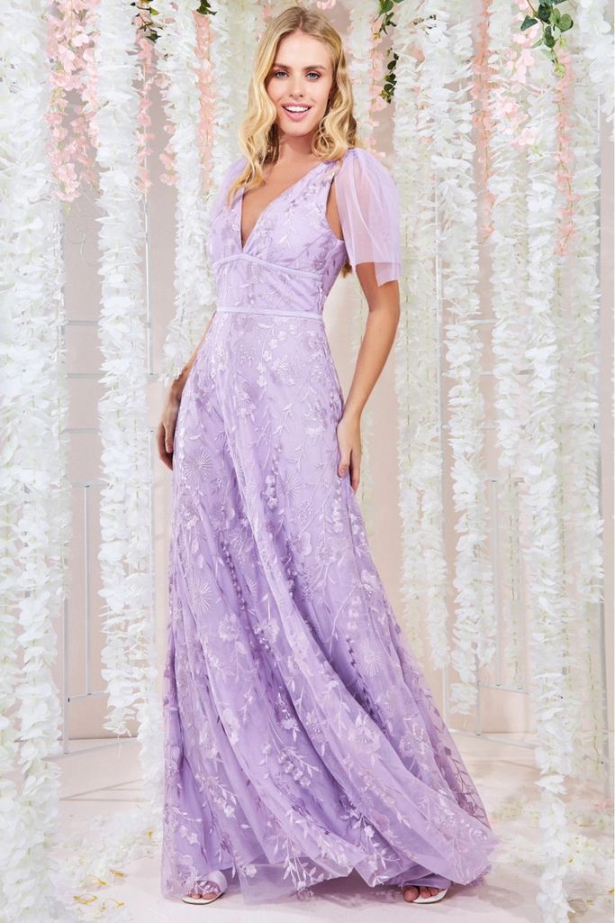 Embroidered Lace Maxi Flutter Sleeves - Lilac