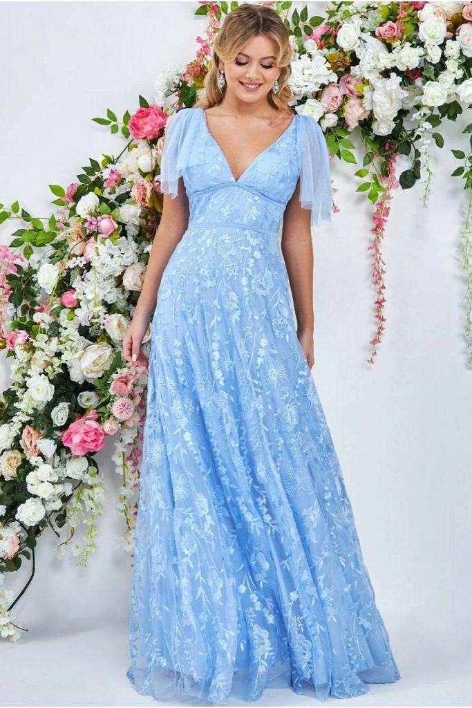 Embroidered Lace Maxi Flutter Sleeves - Powder Blue