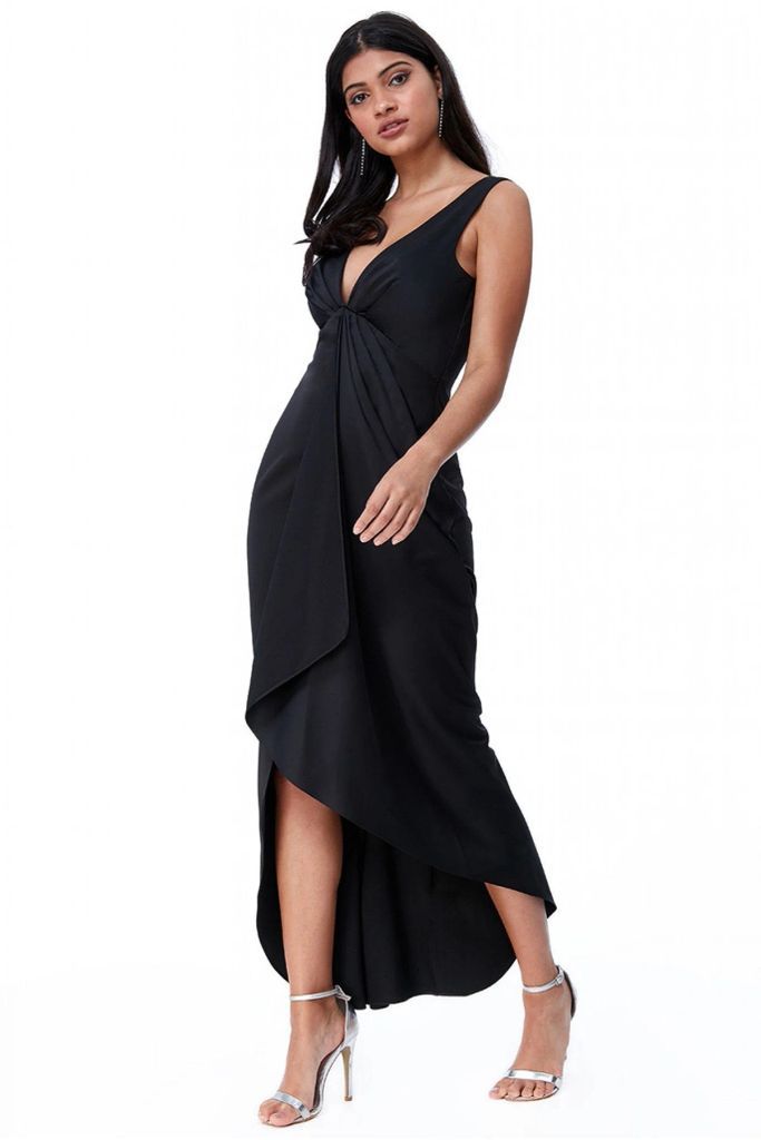 Waterfall Satin Maxi Dress  - Black