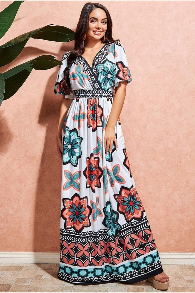 Printed Flutter Sleeve Maxi Dress - Cream