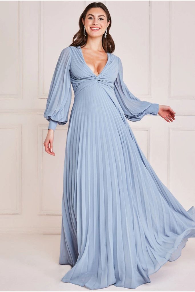 Fully Pleated Chiffon Maxi Dress - Blue