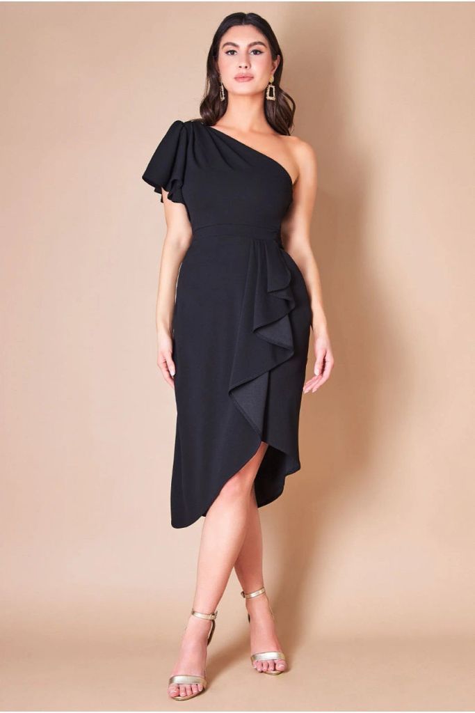 Waterfall Sleeve Wrap Midi Dress - Black