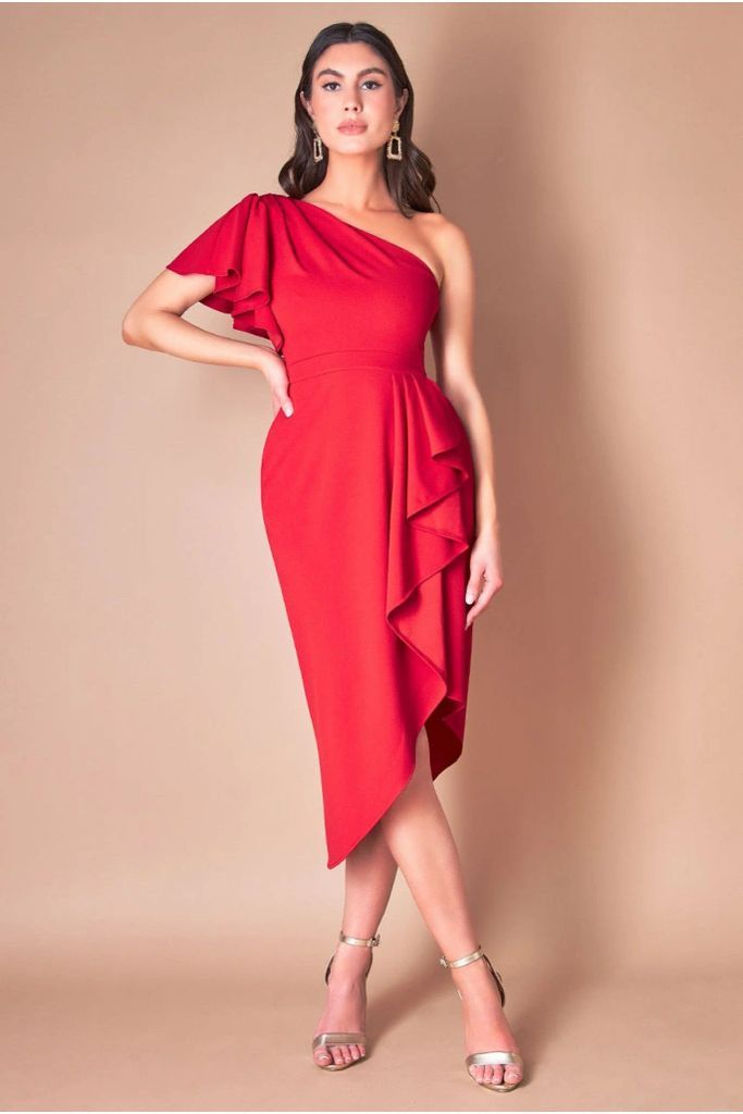 Waterfall Sleeve Wrap Midi Dress - Red