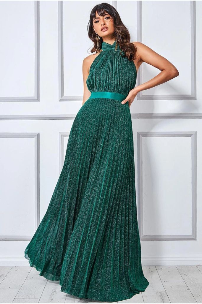 Lurex Halterneck Pleated Maxi Dress - Emerald