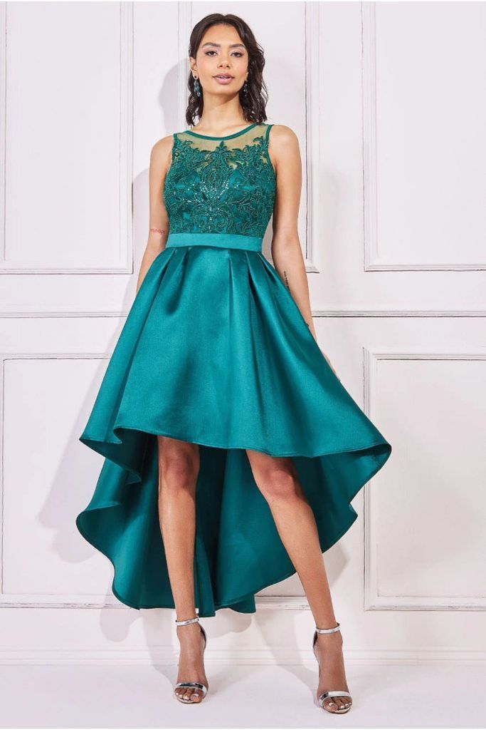 Sequin & Satin Dipped Hem Midi Dress - Emerald