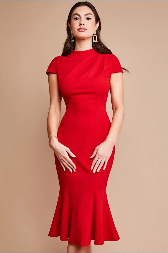 Pleated Shoulder High Neck Midi Dress - Red