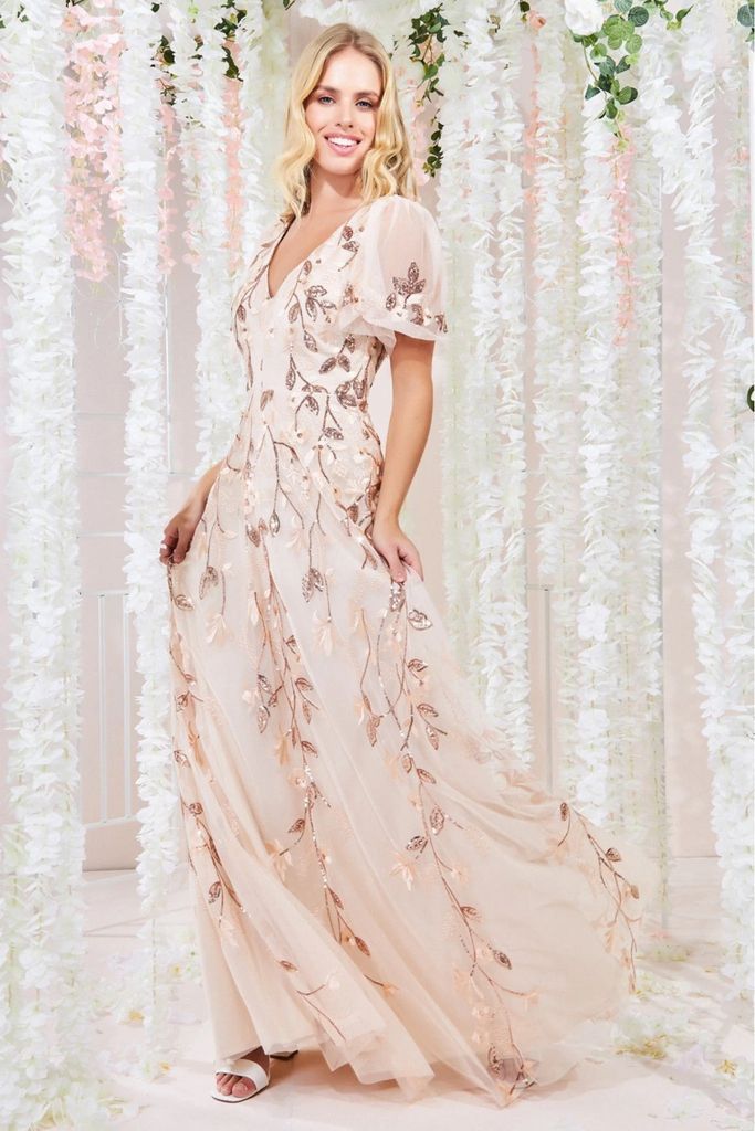 Flared Sleeve Embroidered Maxi Dress - Ivory