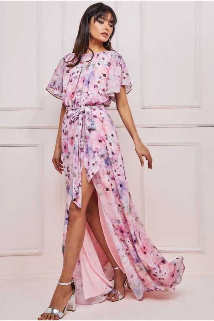 Wrap Back Flutter Sleeve Maxi Dress - Pink