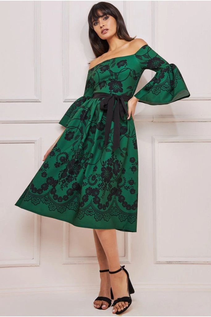 Printed Off The Shoulder Midi Dress - Emerald Green