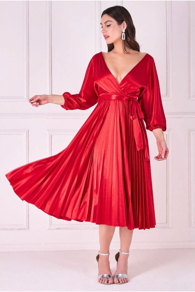 Satin Pleated Skirt Wrap Midi Dress - Red