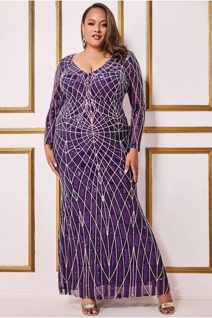 Geo Sequin Long Sleeve Maxi Dress - Purple
