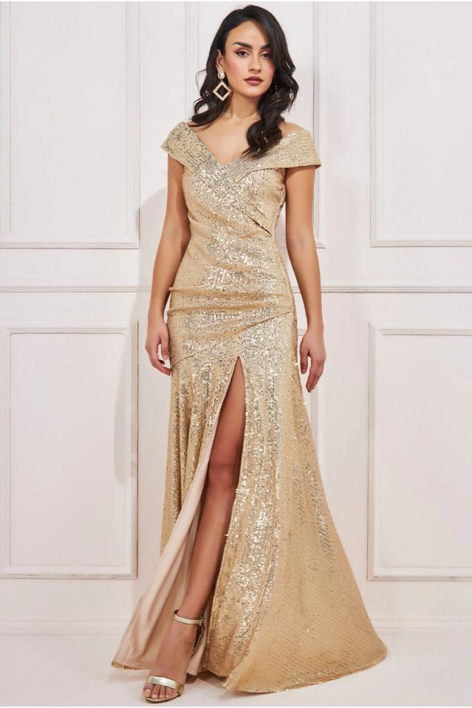 Bardot Sequin Pleated Maxi Dress - Gold