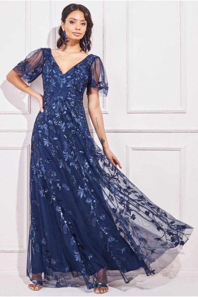Flared Sleeve Embroidered Maxi Dress - Navy