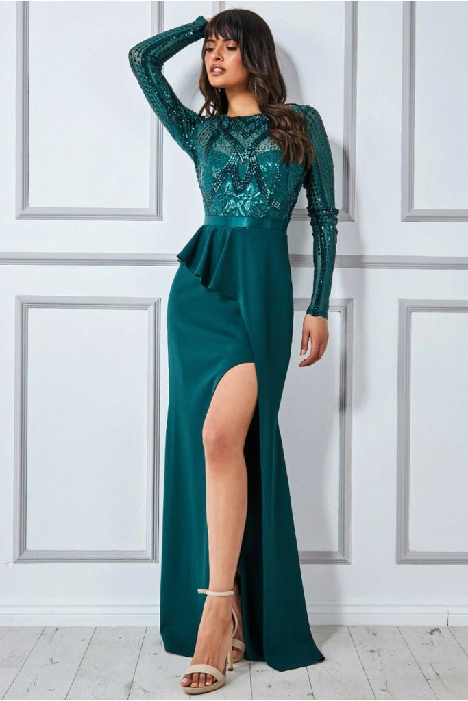 Sequin Bodice With Front Frill Maxi - Emerald