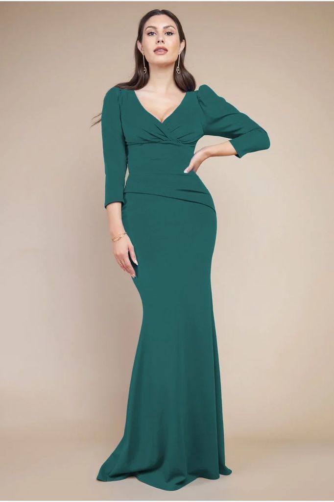 Front Wrap Pleated Scuba Maxi Dress - Emerald Green