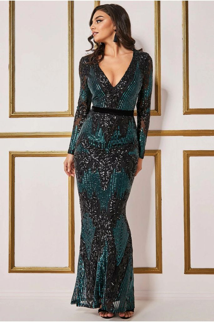 Long Sleeve Sequin Evening Maxi Dress - Emerald