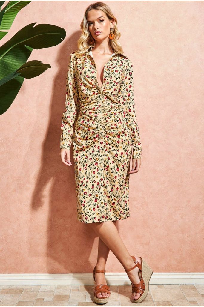 Floral Print Shirt Dress - Beige