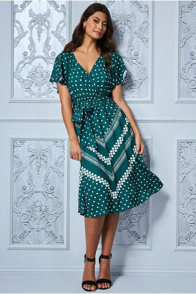 Wrap Style Flutter Sleeve Midi Dress - Emerald Green