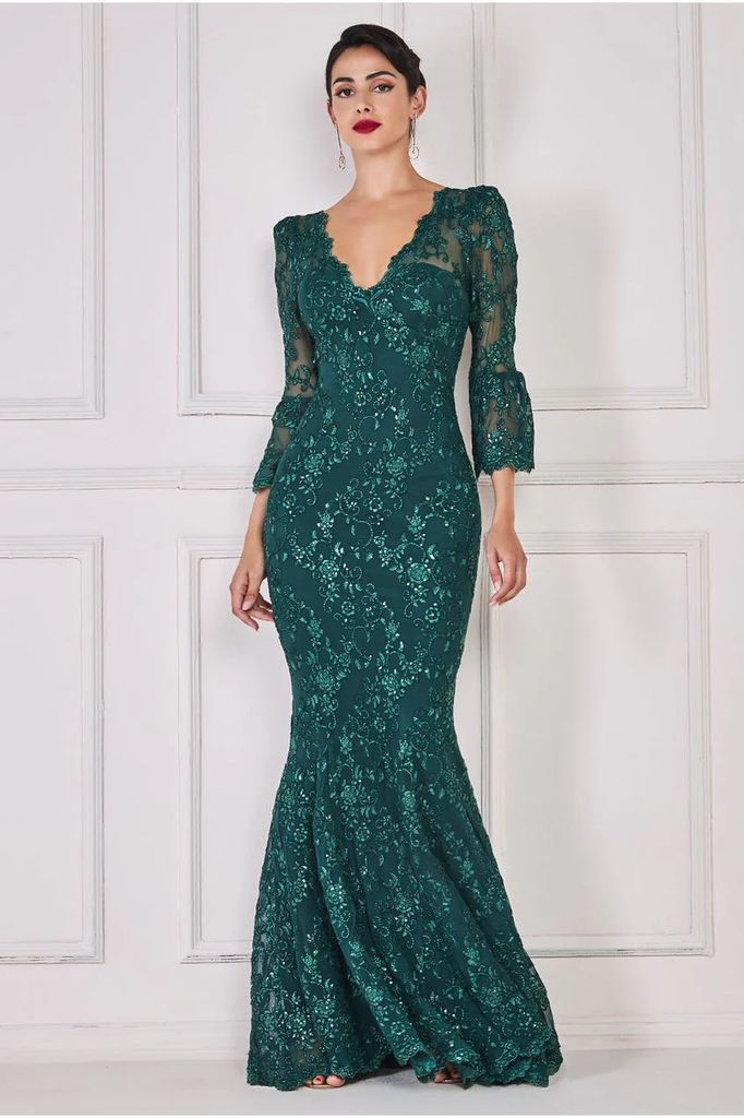 Scalloped Lace Maxi Dress - Emerald