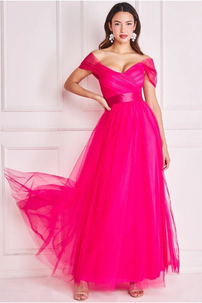 Off The Shoulder Princess Maxi Dress - Hot Pink