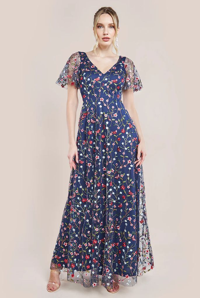 Flutter Sleeve Floral Embroidered Maxi - Navy