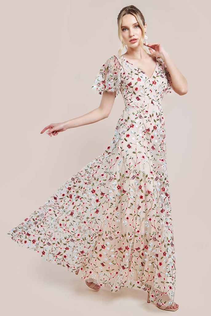 Flutter Sleeve Floral Embroidered Maxi - Nude