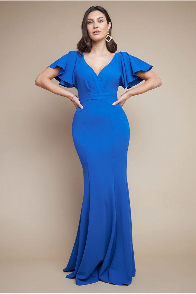 Flared Sleeve Front Wrap Maxi Dress - Royal Blue