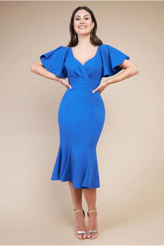 Flared Sleeve Front Wrap Midi Dress - Royal Blue