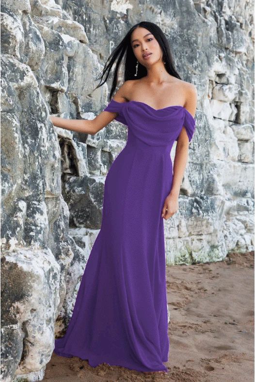 Chiffon Bardot Cowl Neck Maxi Dress - Purple