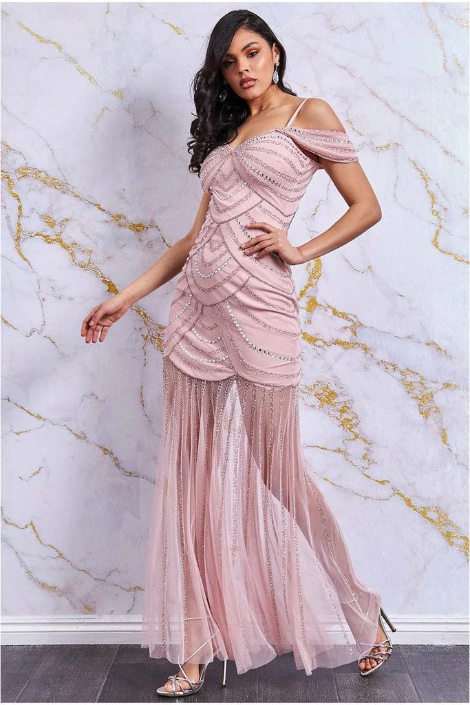 Off The Shoulder Maxi Dress With Mesh Skirt - Blush