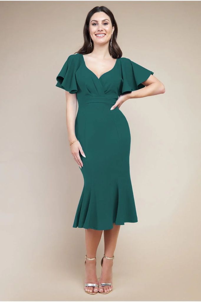 Flared Sleeve Front Wrap Midi Dress - Emerald Green