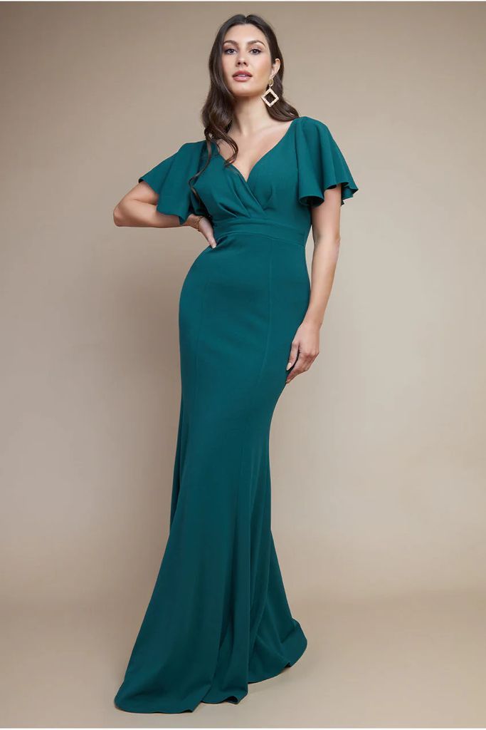 Flared Sleeve Front Wrap Maxi Dress - Emerald Green