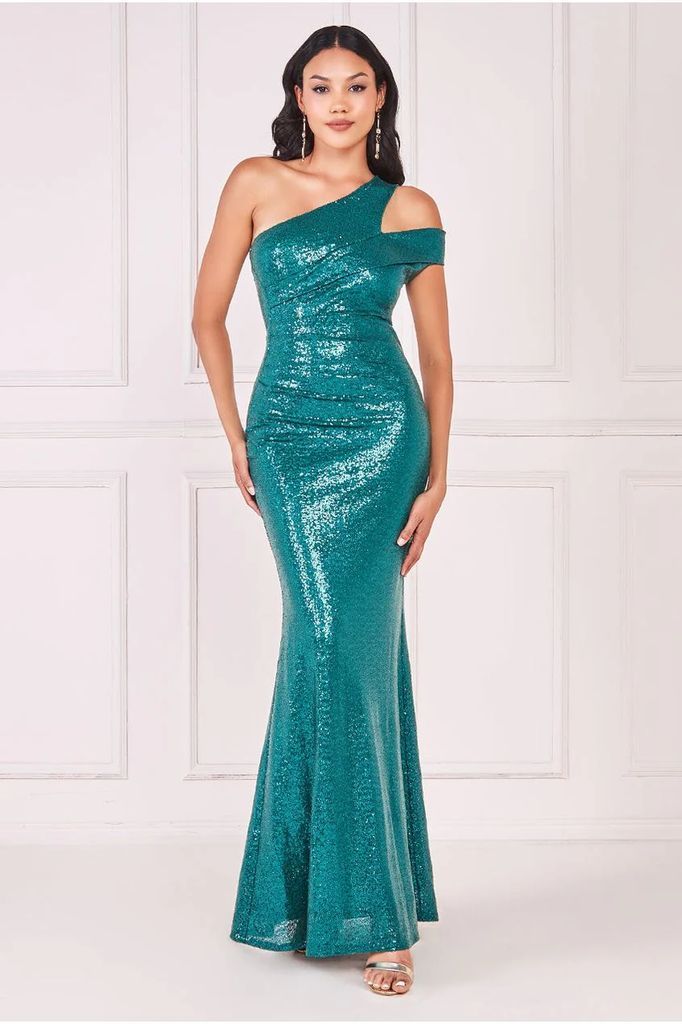 One Shoulder Sequin Evening Maxi - Emerald